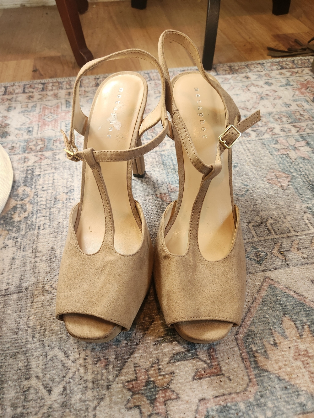 Metaphor Taupe Suede T-Strap Peep Toe Heels